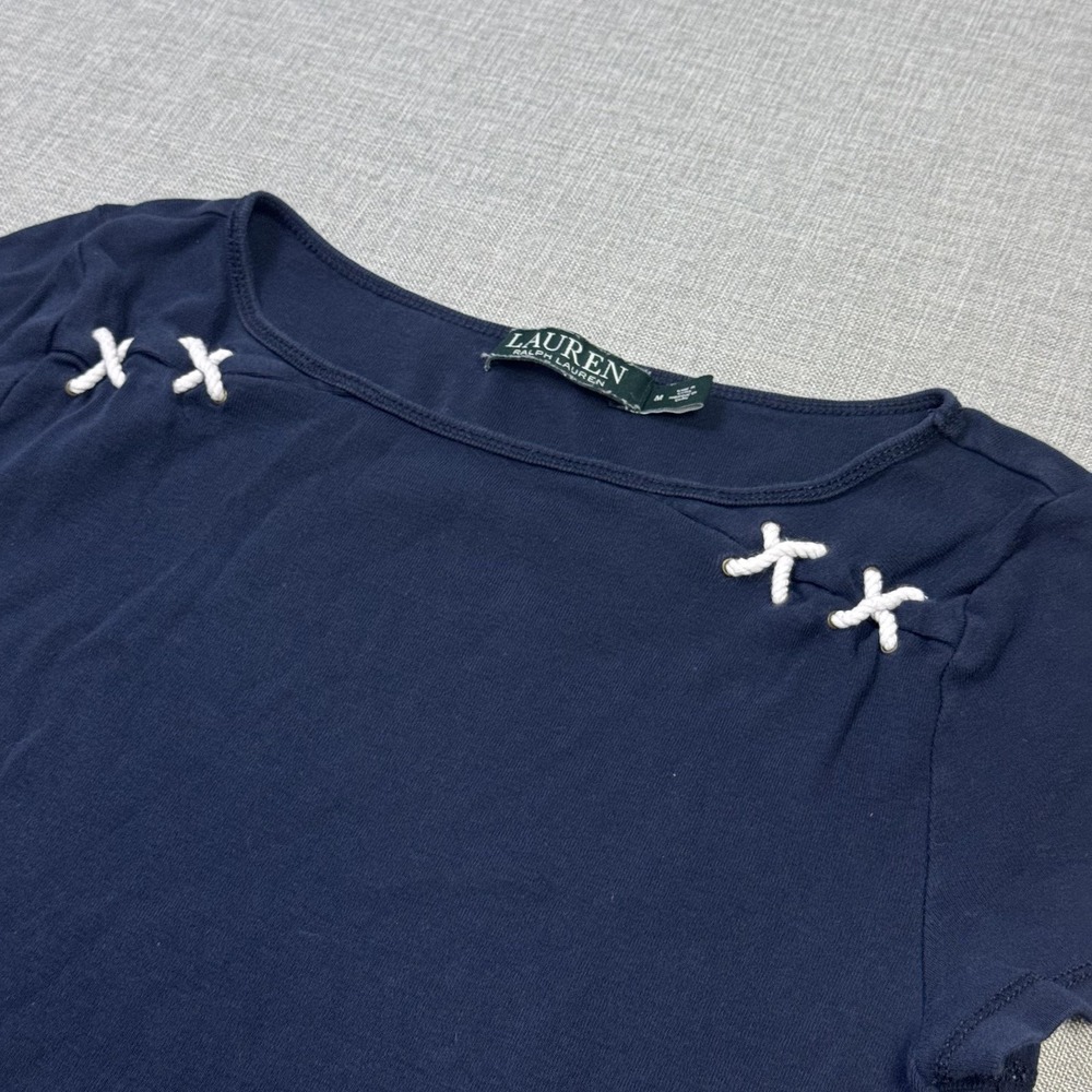 Lauren Ralph Lauren Nautical Boat Neck T-Shirt Womens Medium Blue 100% Cotton
